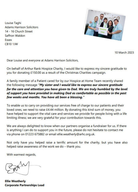 Thank You Letter From Arthur Rank Hospice | Adams Harrison