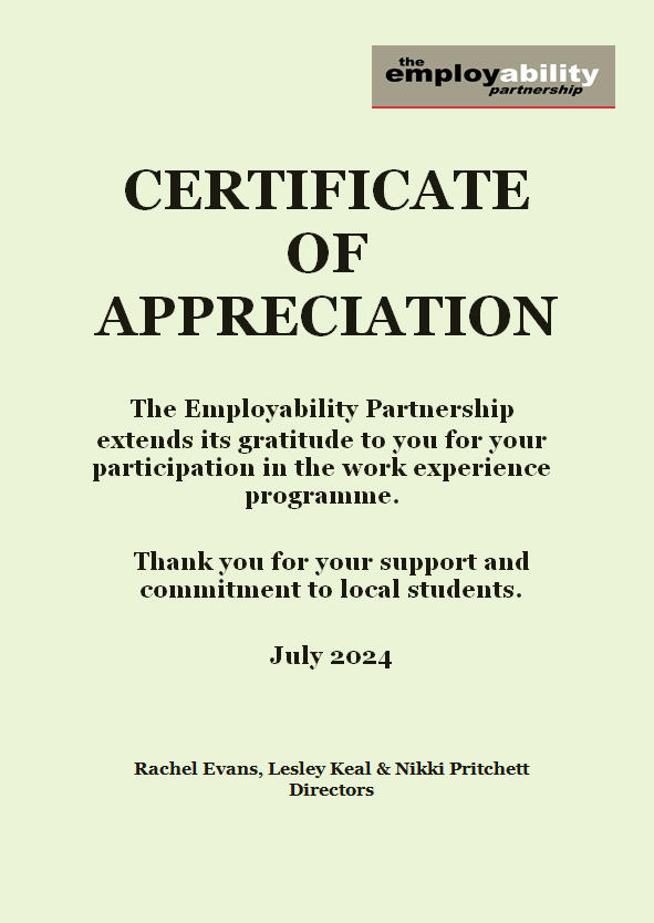 Employability Partnership Certificate Of Appreciation